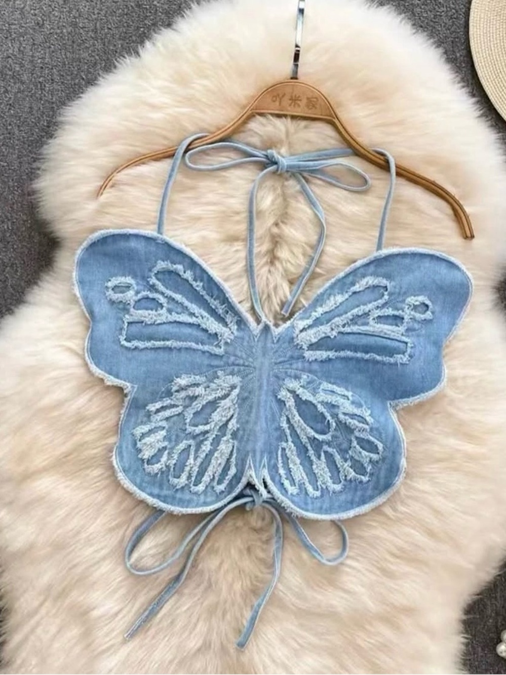 Butterfly Tie-Back Halter Crop Top - Light Blue